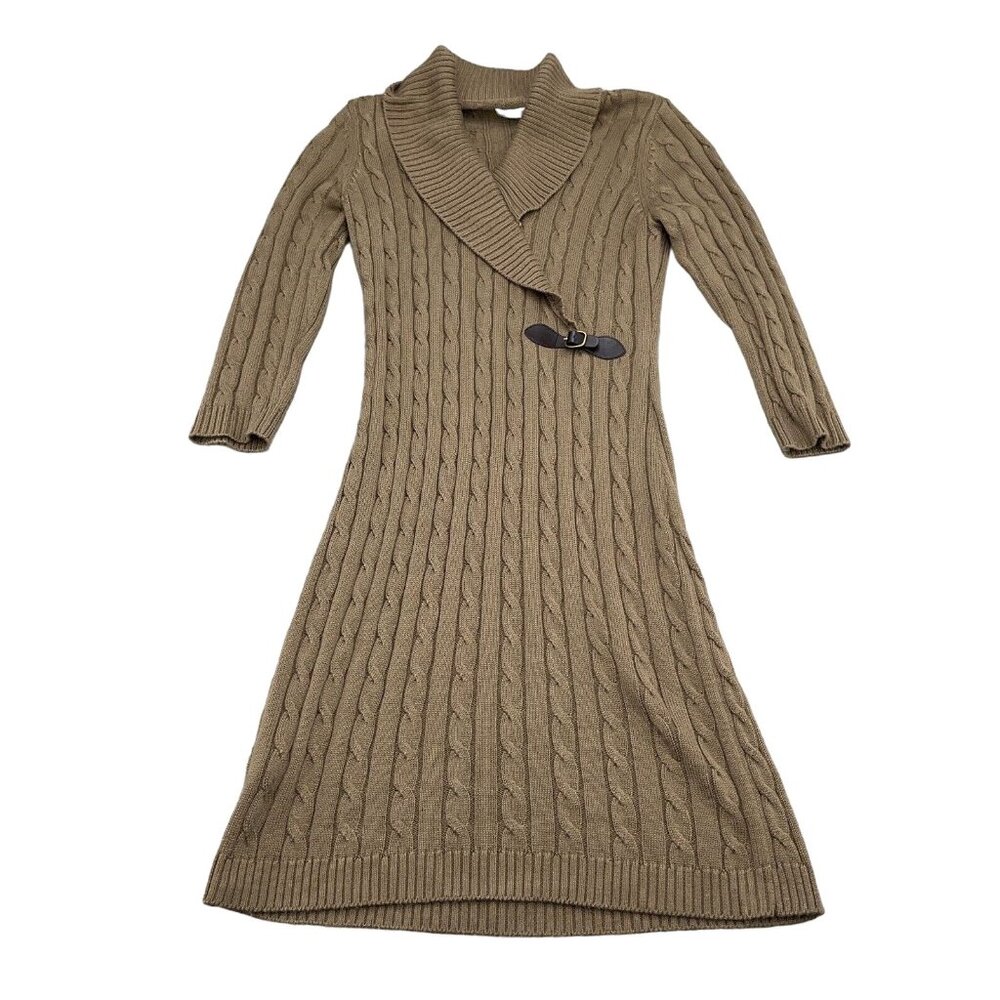Calvin Klein Dress Women Medium Brown‎ Toggle Wrap Cable Knit Sweater Classic